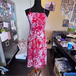 Bright Red and White Hawaiian Print Linen Dress